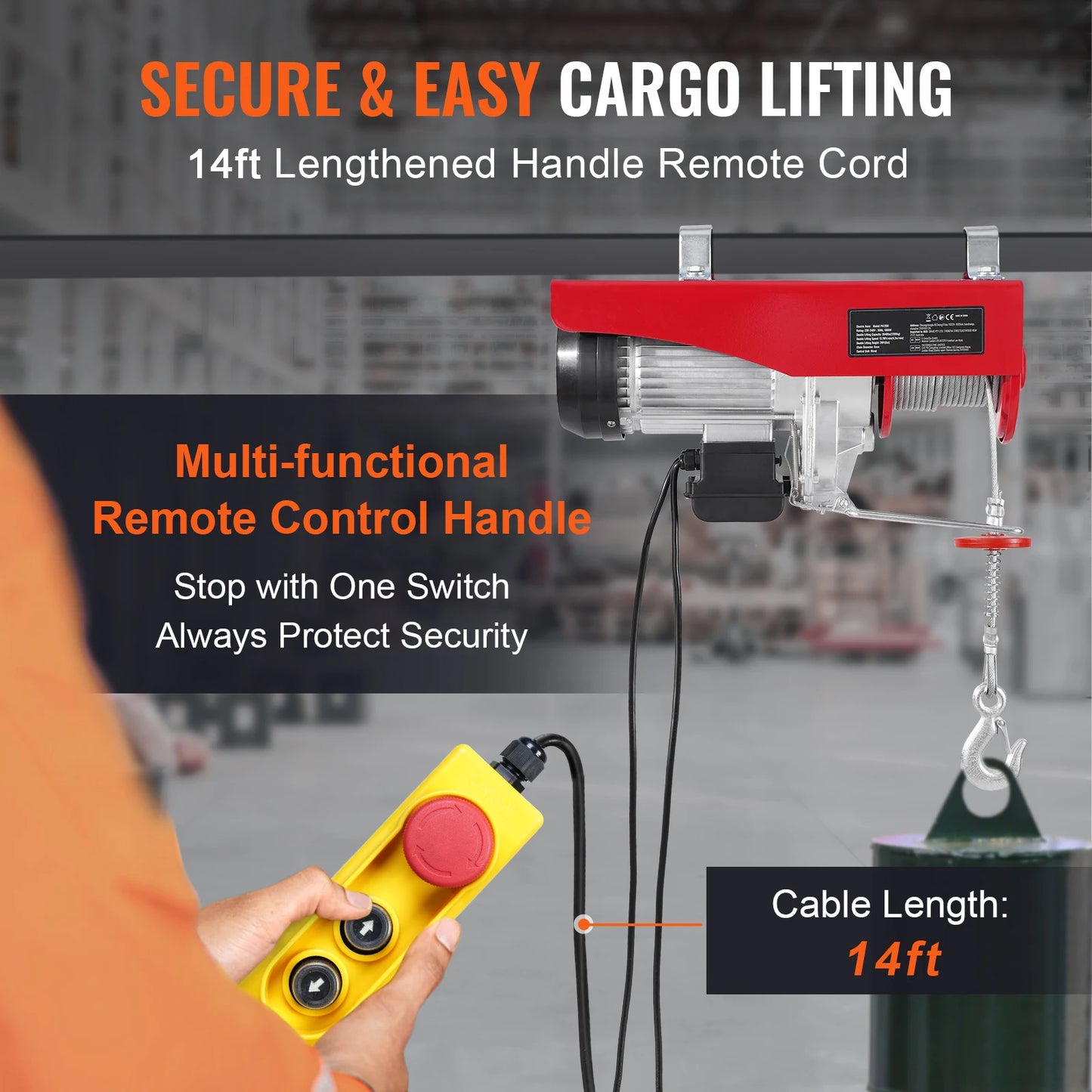 SucceBuy 2640Lbs Electric Hoist Winch 230V with 14ft Wired Remote Control 40ft Single Cable Lifting Height Lift Hoist for Garage - QUORE