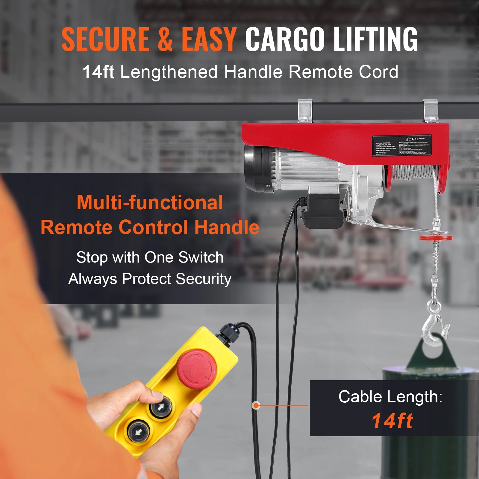 SucceBuy 2640Lbs Electric Hoist Winch 230V with 14ft Wired Remote Control 40ft Single Cable Lifting Height Lift Hoist for Garage - QUORE