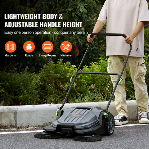 Handduw Vloerveger - Koolstofstaal + PP - Achterwaartse Handduw - 5-Capaciteit van 5 Gallon - Verstelbare hoek en hoogte - Grijs/Zwart