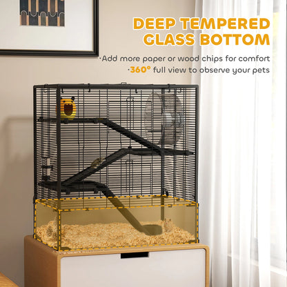 Dwerg Hamsterkooi – Knaagdierkooi – Hamsterkooi – Kleine Dierkooi – Rodent Cage – Zwart – 4 Verdiepingen – Gehard Glazen Bodem - QUORE
