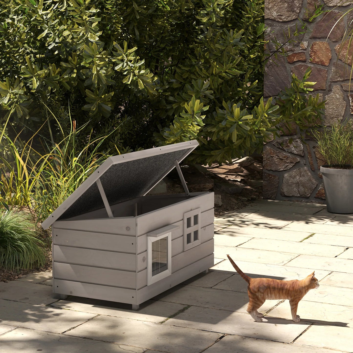 Kattenhuis – Kattenhut – Kattenhok – Kattenmand – Kattenverblijf – Weerbestendig Asfalt Dak – Gemaakt van Grijs Vurenhout