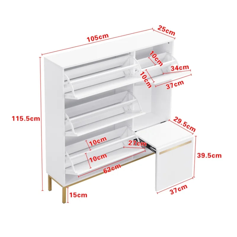 Schoenenkast – Schoenenopslag – Schoenenrek – Schoenenbank – Schoenenmeubel – 15 Tot 22 Paar – MDF Met Gouden Accenten - 105 × 115.5 × 25 cm - Wit - QUORE