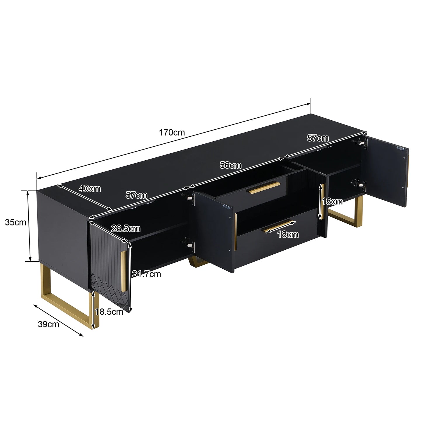 Tv-Meubel – Hoogglans Meubel – TV Kast – Woonkamermeubel – Gouden Accenten – 170 Cm Breed – MDF Materialen - Zwart