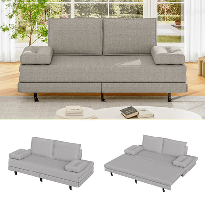2-Zits Slaapbank – Slaapsofa – Bedbank – Sleeperbank – Bankbed – Grijs Linnen – Uittrekbaar 180x200 cm – Met Houten Lattenbodem & Wieltjes
