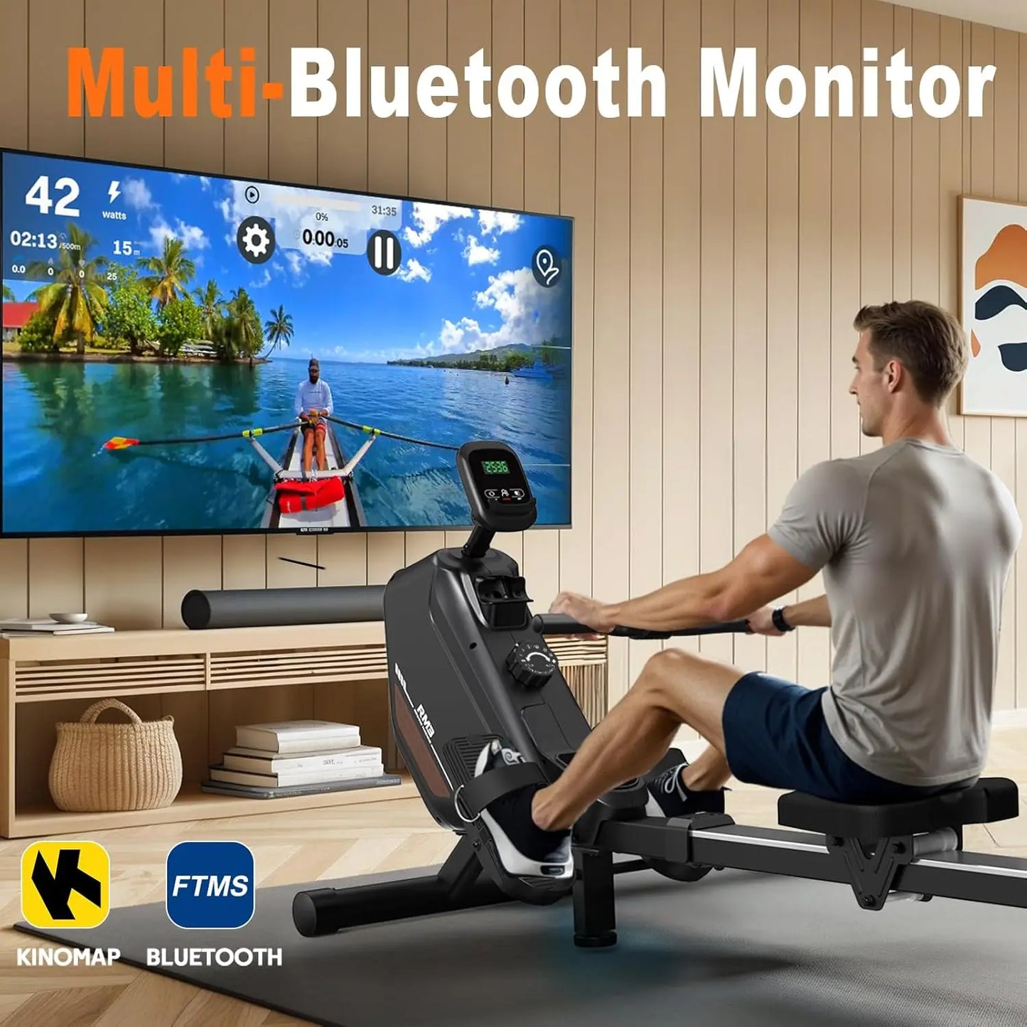 Roeimachine - Magnetische Roeitrainer - Roeiapparaat - Opvouwbare - met 16 Weerstandsniveaus - Bluetooth Connectie - LCD Display - 300N Weerstand - Max 150kg - Ergonomisch Ontwerp - Stil en Compact - Zwart - QUORE