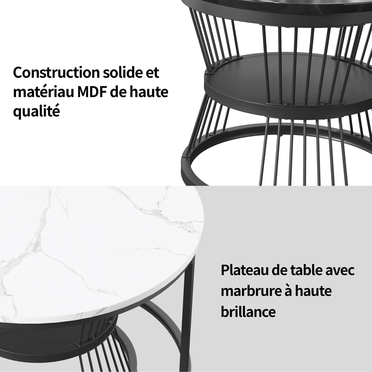 Set Ronde Salontafels – Salontafel Set – Bijzettafels – Woonkamertafels – Stapelbare Tafels – Zwart Wit Design – Marmerlook Tafelblad – Metaal Onderstel