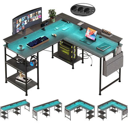 L-vormig Bureau – Gaming Bureau – Hoekbureau – Computertafel – Werkplek Bureau – RGB LED Verlichting – Ingebouwde Stopcontacten & USB Poorten – 148 cm – Wit