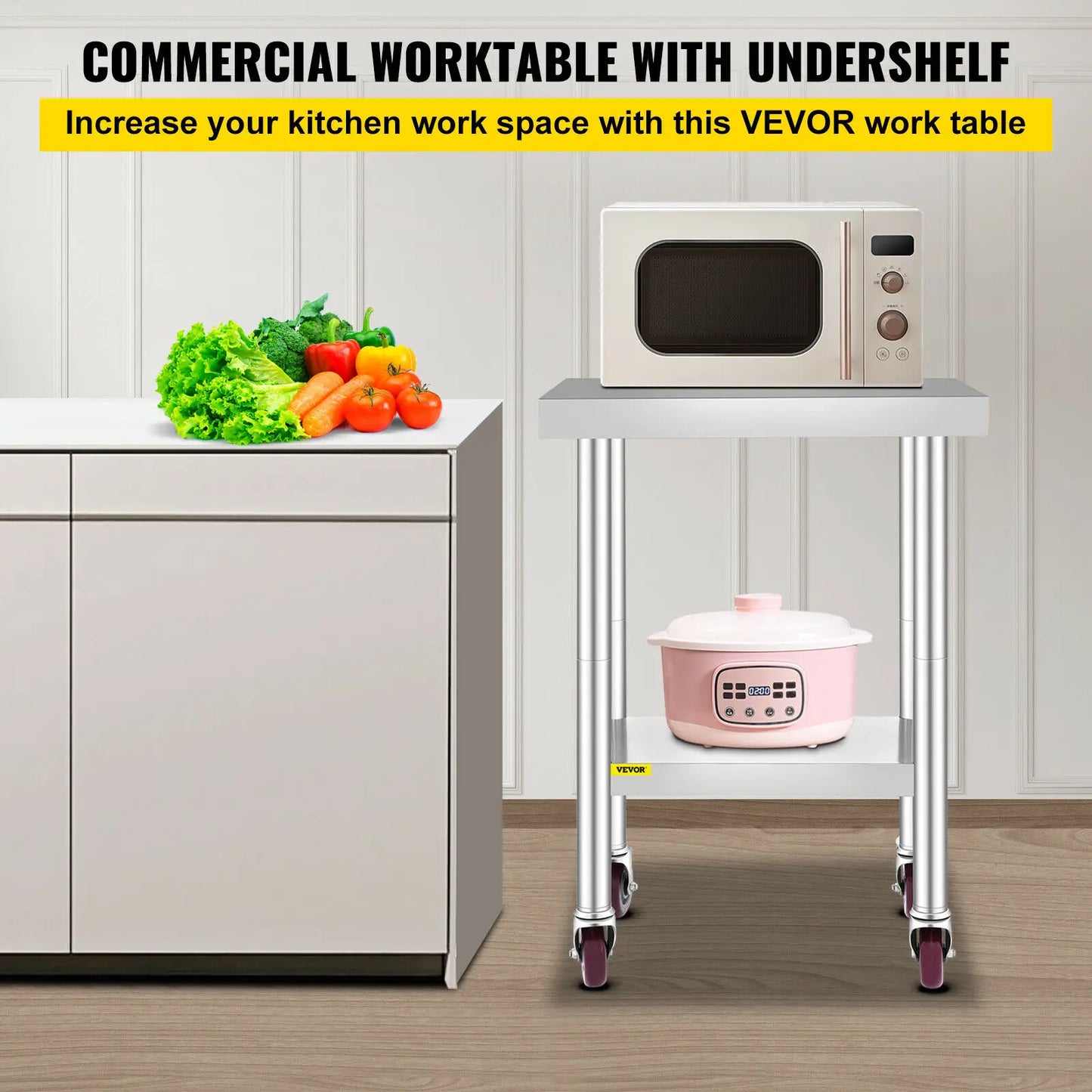 Roestvrijstalen Werktafel - Keukentrolley - Keukeneiland - Serveerwagen - Keuken Werktafel - Kookeiland - Verstelbare Legplank - met Wielen - voor Restaurant - Garage - Opslag - Keuken - 30 x 18 Inch