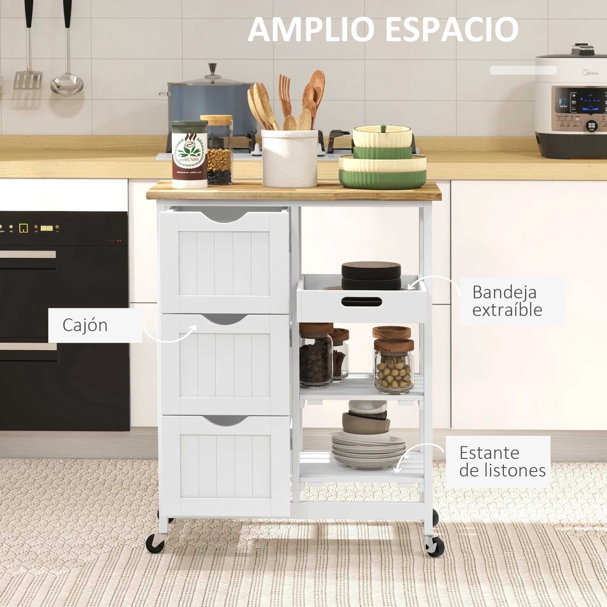 HOMCOM kitchen cart with 3 drawers removable tray 67x37x85,5 cm White - QUORE