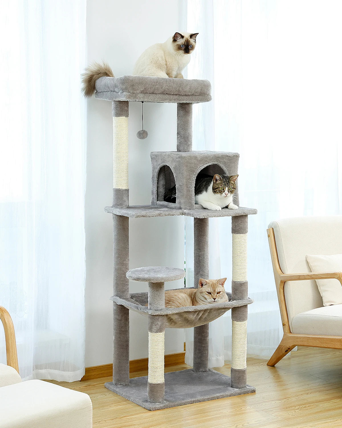 Krabpaal - Kattenboom - Katten Klimmuur - Sisal Krabpalen - Arbre a Chat - Hangmat - Kattenhuisje - 45x55x143cm - Donkergrijs