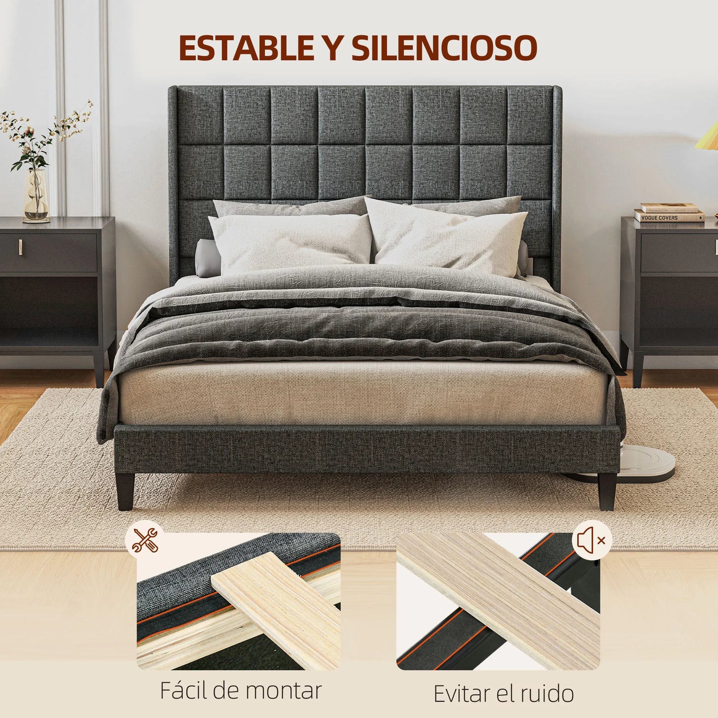 Bedframe – Bedombouw – Slaapbank – Tweepersoonsbed – Lichtgrijs – Stevige Houten Constructie – Hoofdbord Met Comfortabel Linnen