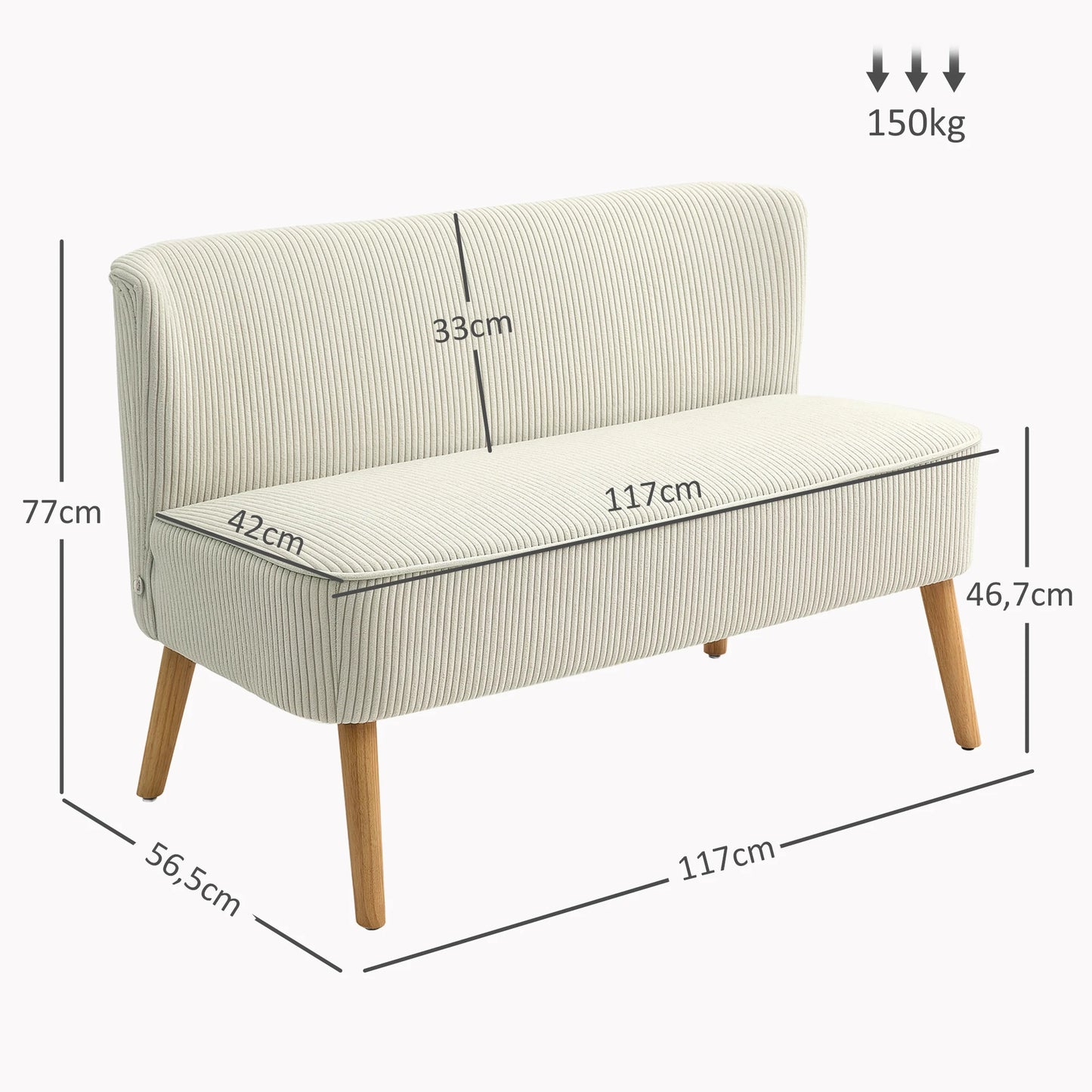 2-Zitsbank – Bank Zonder Armleuningen – Compacte Bank – Velours Sofa – Creme Wit – Ruimtebesparend Ontwerp – Zachte Spongevulling