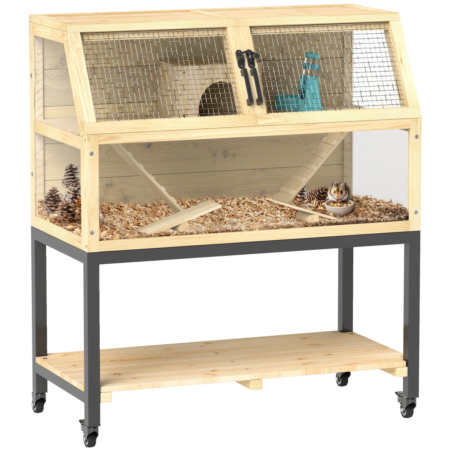 Houten Dierenkooi – Hamsterkooi – Knaagdierkooi – Kleine Huisdierkooi – Ruime Kooi Met Twee Verdiepingen – Vier Wieltjes – Opbergruimte - 87 x 43 x 101 cm - Geel - QUORE