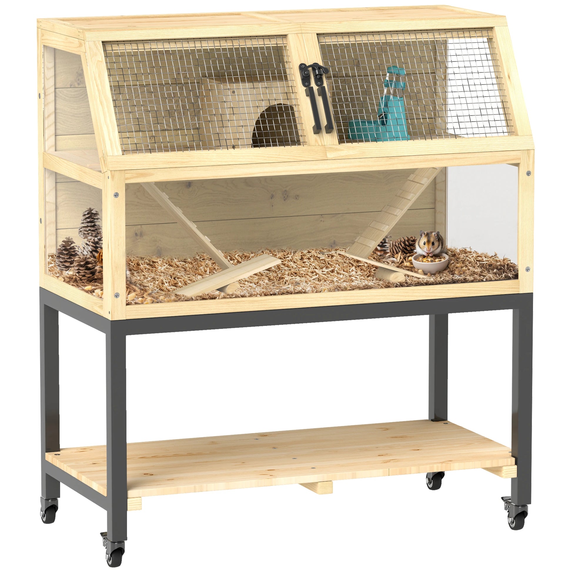 Houten Dierenkooi – Hamsterkooi – Knaagdierkooi – Kleine Huisdierkooi – Ruime Kooi Met Twee Verdiepingen – Vier Wieltjes – Opbergruimte - 87 x 43 x 101 cm - Geel - QUORE