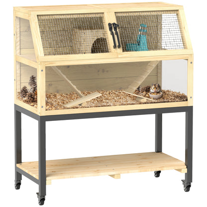 Houten Dierenkooi – Hamsterkooi – Knaagdierkooi – Kleine Huisdierkooi – Ruime Kooi Met Twee Verdiepingen – Vier Wieltjes – Opbergruimte - 87 x 43 x 101 cm - Geel - QUORE