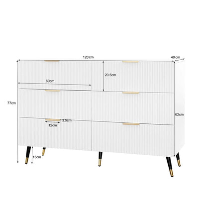 Dressoir – Ladekast – Opbergkast – Kast – Buffetkast – Modern Minimalistisch Ontwerp – 120x77x40 cm – 6 Ruime Lades – Wit Met Gouden Accenten