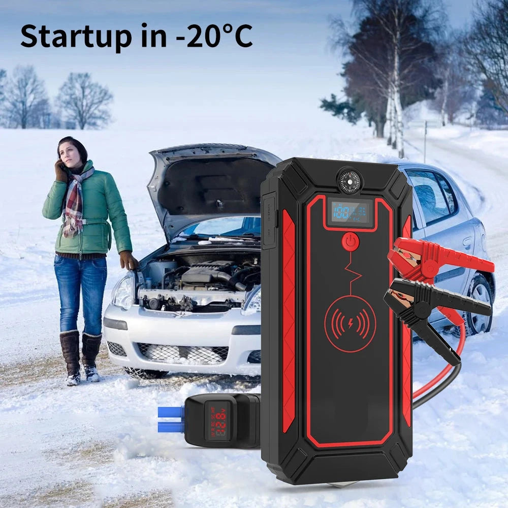 Jumpstarter - Jumpstarter for car - 10W - 2500A - With compressor - Jumpstarter with Powerbank, LED flashlight and SOS emergency light - LCD display - Safety hammer - Black