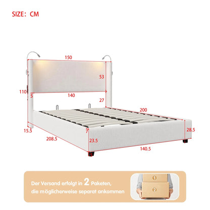 Corduroy Gestoffeerd Bed – Modern Bed – Zacht Bed – Met Hoofdeinde – Met USB Oplaadpoort – Houten Lattenbodem – Max 300 Kg - 140 x 200 cm - Beige