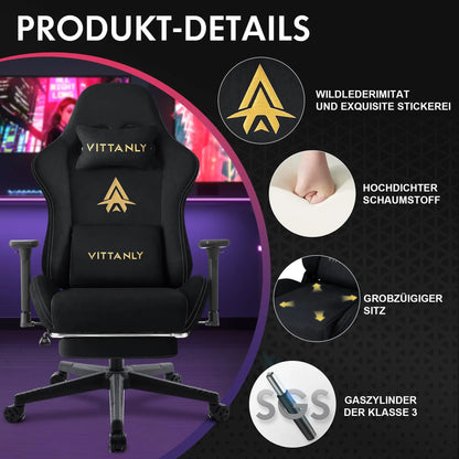 Gamingstoel – Bureaustoel – Gamedraaistoel – Computerstoel – Office Chair – Verstelbare Rugleuning 90-155° – Uitschuifbare Voetsteun – Zwart – Ergonomisch Nep-suède