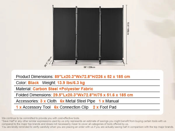 Room Divider - Partition Wall - Screen Partition - Room Divider Room Divider - 3 Panel - Size &amp; Height Adjustable Freestanding - Foldable - for Office Home - Black