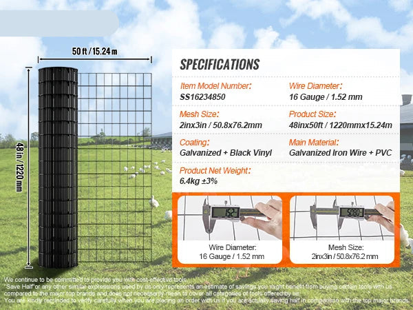 Tuingaas - Kippengaas - Kippengaas - Vogelgaas - Vogelnet - Gegalvaniseerd Gaasrol - 48"x50ft – 16Ga Met Vinylcoating – Stevig Metaaldraad Rooster voor Kippenren, Tuinomheining of Dierverblijf - Zwart