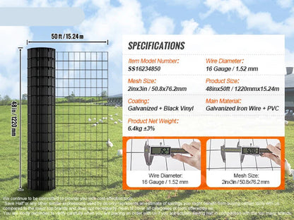 Tuingaas - Kippengaas - Kippengaas - Vogelgaas - Vogelnet - Gegalvaniseerd Gaasrol - 48"x50ft – 16Ga Met Vinylcoating – Stevig Metaaldraad Rooster voor Kippenren, Tuinomheining of Dierverblijf - Zwart