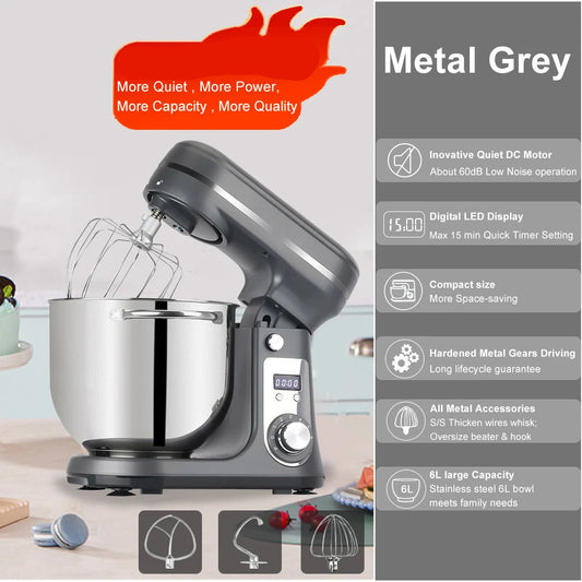 Keukenmixer - Keukenmachine - Foodprocessor - Keukenrobot - LED Display - 6 Snelheden - 1200W - Stil DC-Motor - Elektrische Foodmixer - Metaal Grijs
