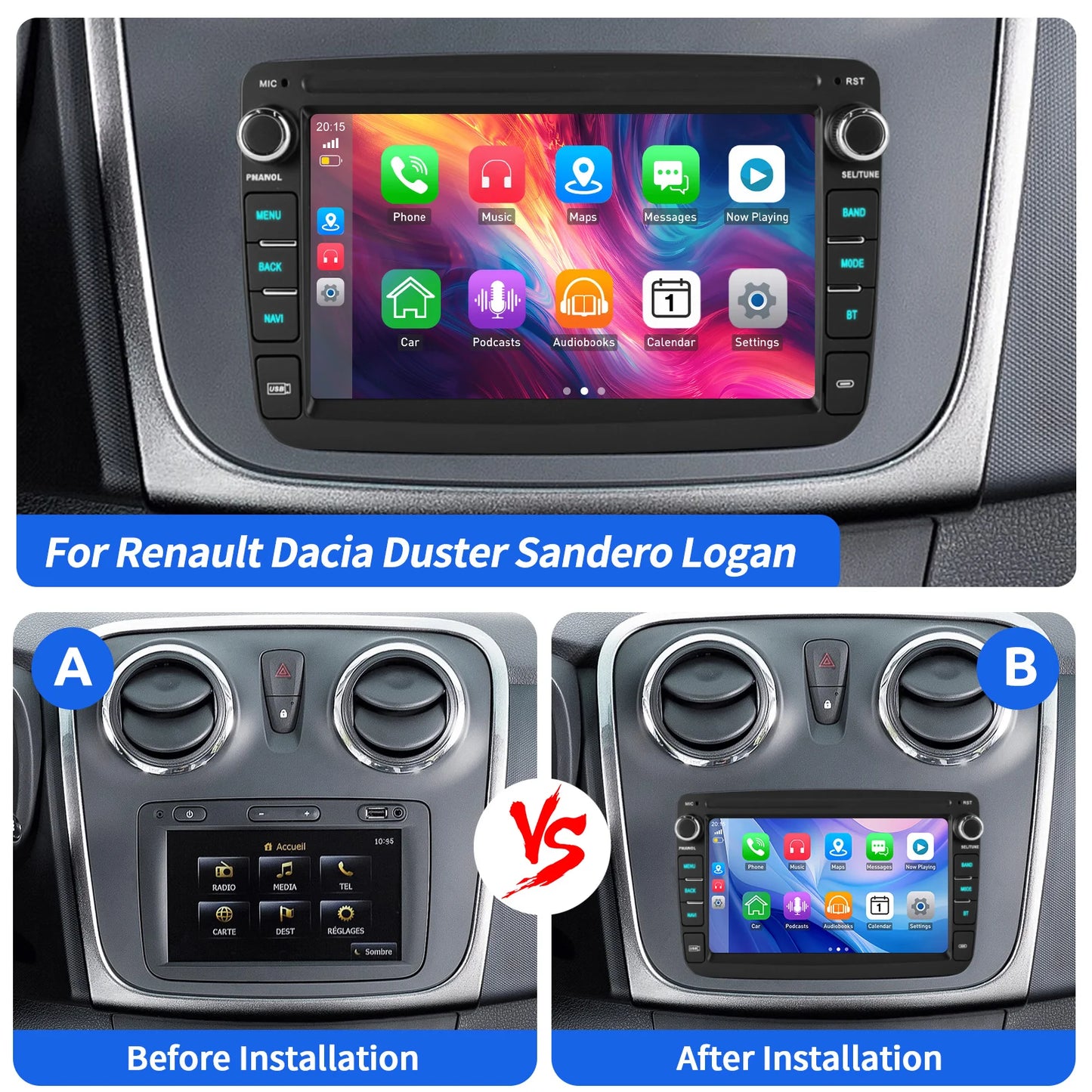 ESSGOO Android 15 Car Radio Carplay 4+64G For Renault Dacia Duster Sandero Logan Car Multimedia Player GPS WiFi RDS