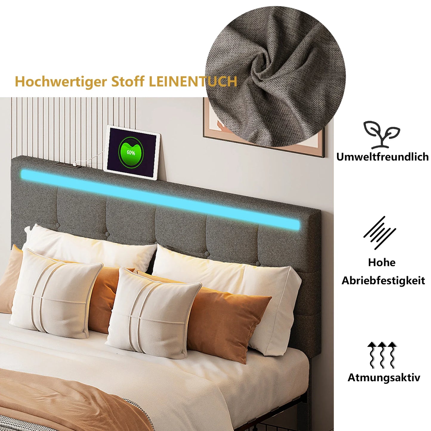 Gepolsterd Bed – Bed Met Opbergladen – Led Bed – Opbergbed – Slaapbed – Grijs – 140x200 Cm – Met 4 Laden En 2 Usb-Laders
