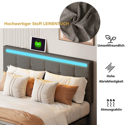 Gepolsterd Bed – Bed Met Opbergladen – Led Bed – Opbergbed – Slaapbed – Grijs – 140x200 Cm – Met 4 Laden En 2 Usb-Laders