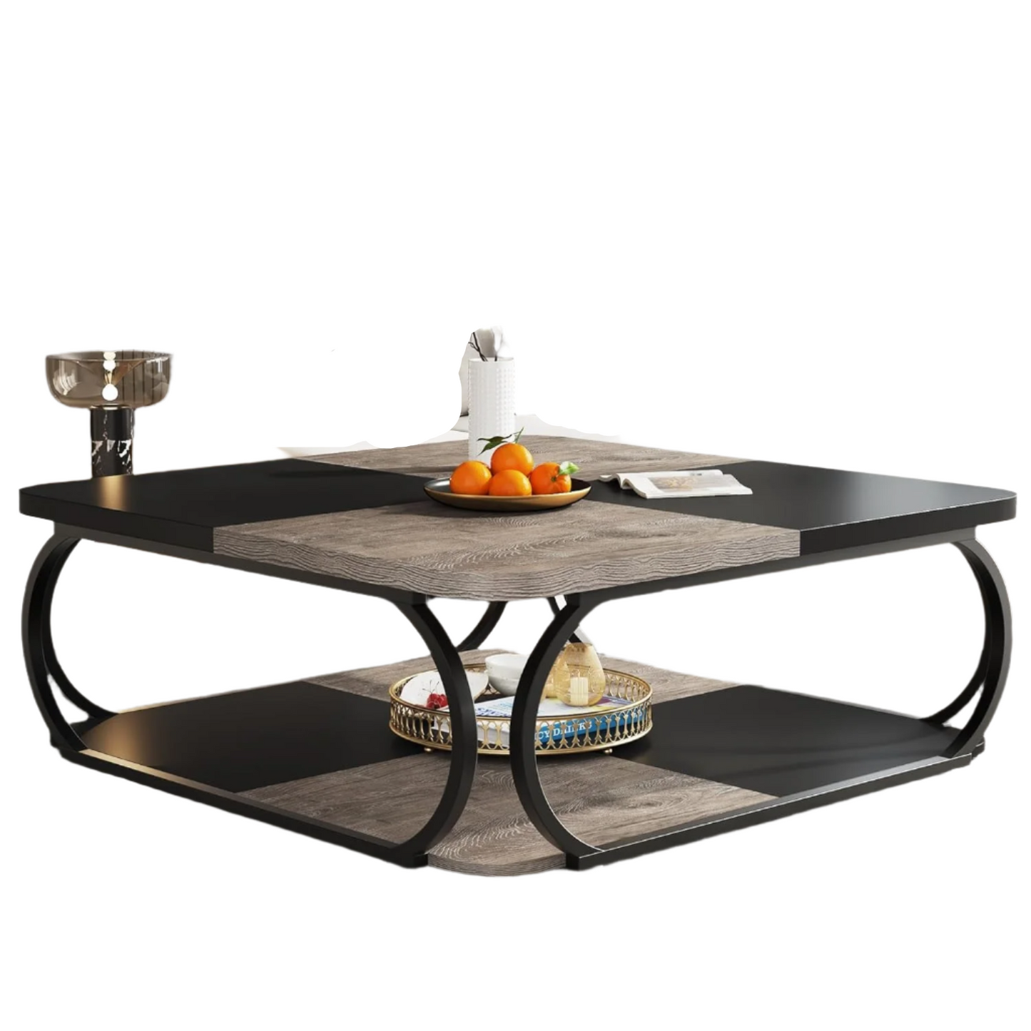 Koffietafel – Salontafel – Bijzettafel – Woonkamertafel – Dubbel Blad – Met Opbergruimte – Met Verstelbare Voetjes - 100 x 100 x 50 cm - Zwart Rustiek Grijs