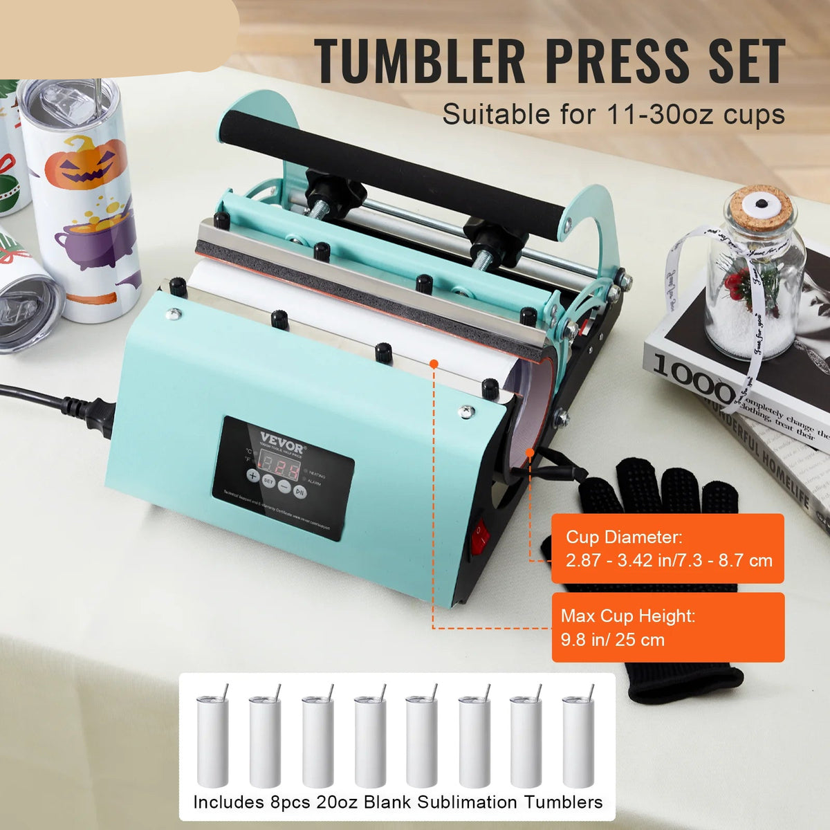 Heat Press - Transferpers - Sublimatieprinter - Heat Press Machine voor Tumbler - met 8st 20OZ Blanco Tumblers Mok Pers Cup Press