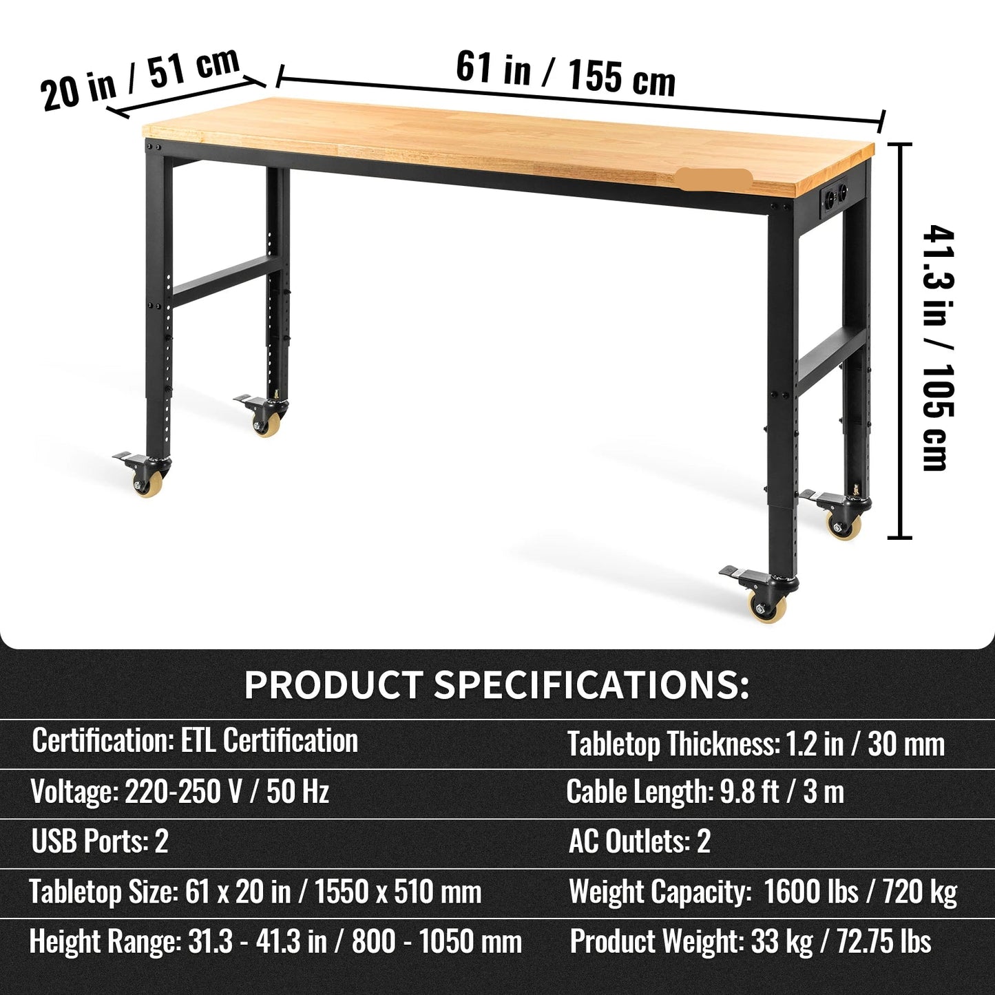 Werkbank – Verstelbare Werktafel – Hobbybank – Klusbank – Massief Eikenhout – Stalen Frame – 900 Kg Belastbaar - 61x20inch met Wielen
