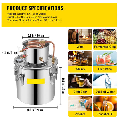 Distilleerketel - Destilleerapparaat - Moonshine - 3 Gallon - Alcohol Distiller - Apparatuur & Brouwapparatuur voor Thuisgebruik – DIY Wijn Dispenser Kit - Distilleermachine