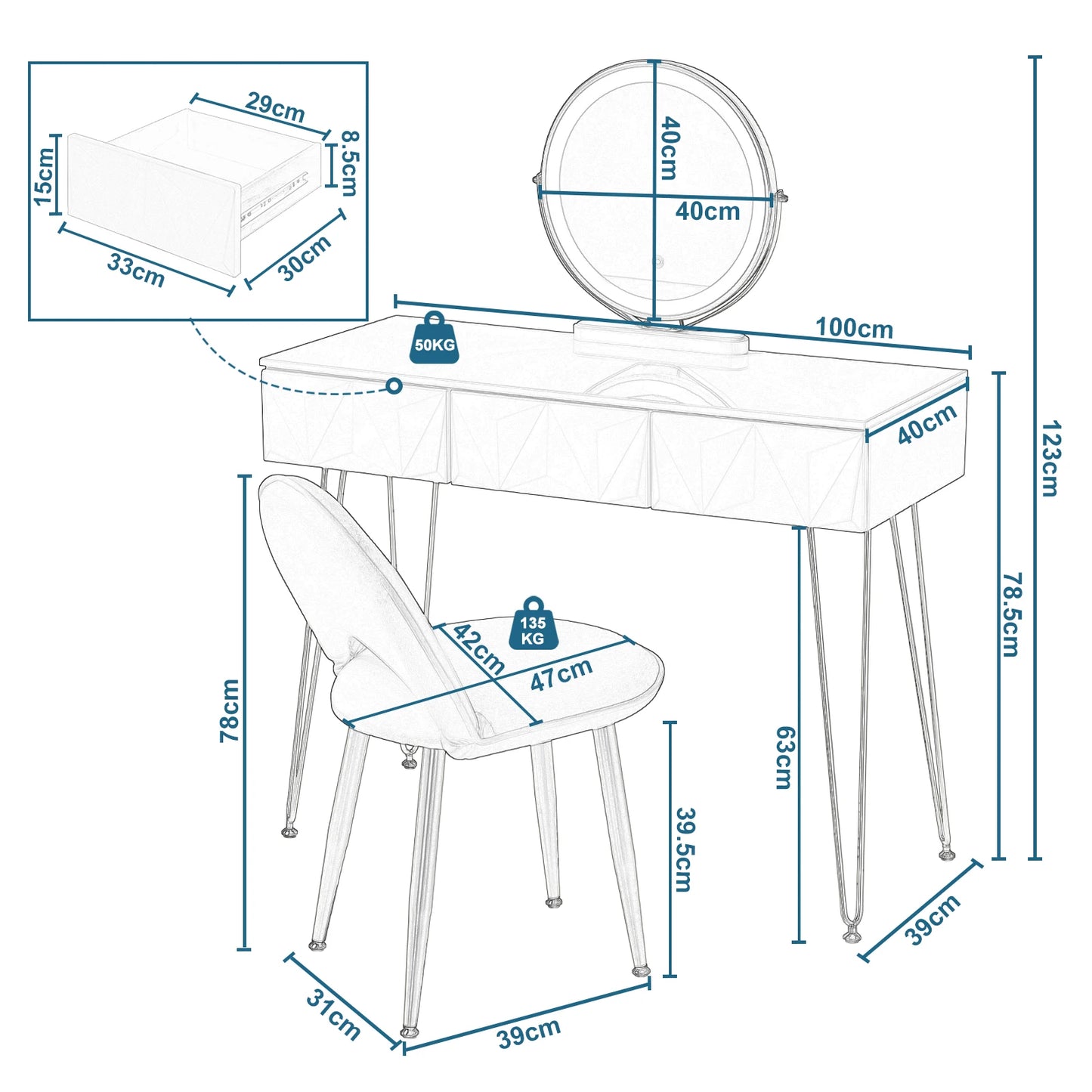 Make-Uptafel – Make-Up Meubel – Schminktafel – Beautytafel – Met Led-Verlichting – 3 Ruime Laden – Velvet Stoel - QUORE