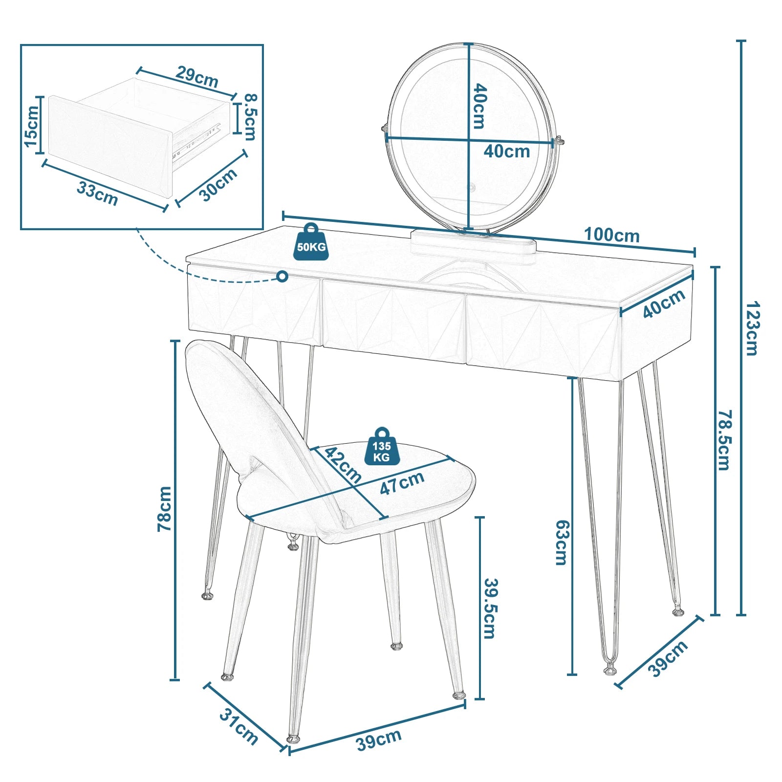 Make-Uptafel – Make-Up Meubel – Schminktafel – Beautytafel – Met Led-Verlichting – 3 Ruime Laden – Velvet Stoel - QUORE