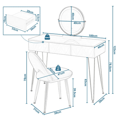 Make-Uptafel – Make-Up Meubel – Schminktafel – Beautytafel – Met Led-Verlichting – 3 Ruime Laden – Velvet Stoel - QUORE