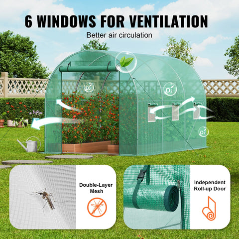 Greenhouse - Greenhouse Growing House - Conservatory - Garden Greenhouses - Tunnel Greenhouse - 15x7x7 ft - Tunnel Greenhouse - with Steel Frame Green PE Tarpaulin Roll-up Zipper Door - Green