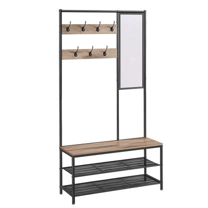 Multifunctionele Kapstok met Spiegel en Schoenenrek - 7 Haken - Zwart met Camel Bruin - 98 cm Bank en Verstelbare Plank - Robuuste Kledinghanger voor Hal en Entree