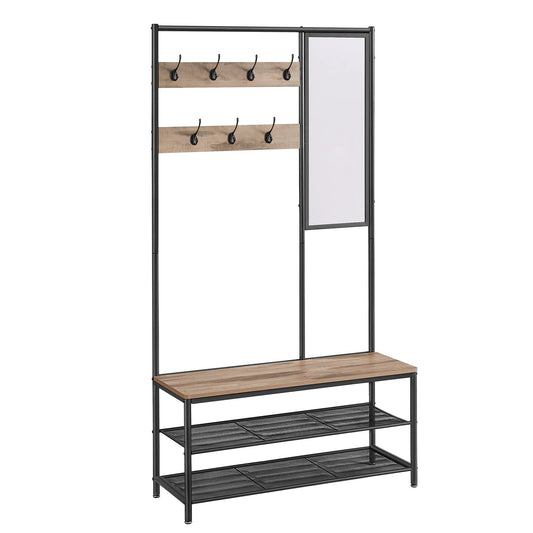 Multifunctionele Kapstok met Spiegel en Schoenenrek - 7 Haken - Zwart met Camel Bruin - 98 cm Bank en Verstelbare Plank - Robuuste Kledinghanger voor Hal en Entree