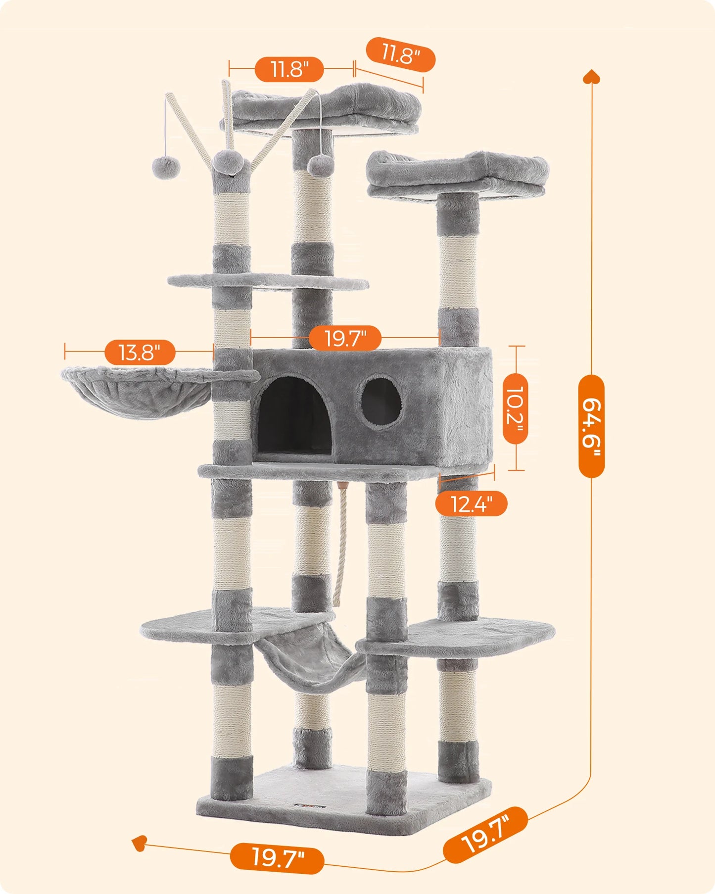 Krabpaal - Kattenboom - met Grote Cave - Arbre a Chat - 3 Platforms - XL - 164 cm - Meerdere Verdiepingen - Krabplank - en Sisal Riem - Stabiel - Geschikt voor 3 Katten - Houten Constructie - Lichtgrijs