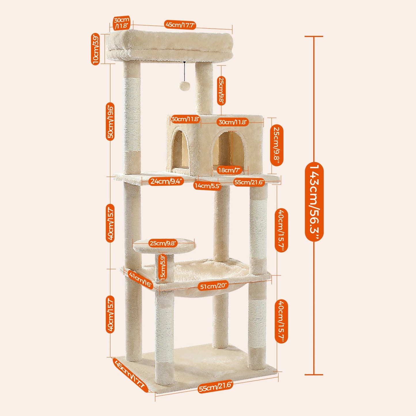 Krabpaal - Kattenboom - Katten Klimmuur - Sisal Krabpalen - Arbre a Chat - Hangmat - Kattenhuisje - 45x55x143cm - Beige