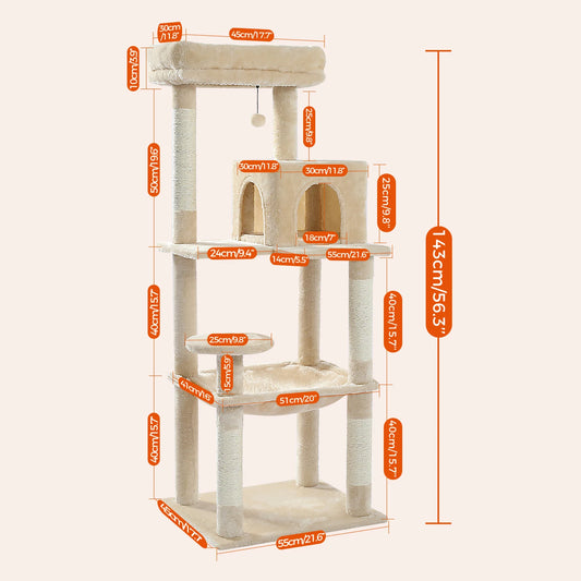 Krabpaal - Kattenboom - Katten Klimmuur - Sisal Krabpalen - Arbre a Chat - Hangmat - Kattenhuisje - 45x55x143cm - Beige