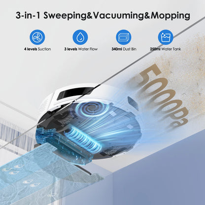 Robotstofzuiger - Dweilrobot - Dweilfunctie - 5000Pa - Slimme Navigatie - 3-in-1 - App Bediening - HEPA Filter - Auto-Opladen - Zwart