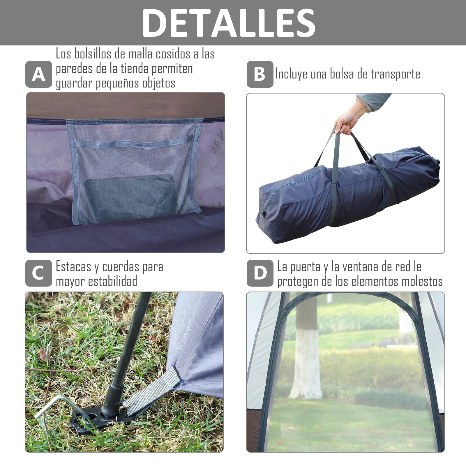 Opvouwbare Tent voor 2-3 Personen - 260x260x150 cm Zwart en Grijs - Waterdicht - UV-Bestendig - Draagtas en Accessoires Inclusief - QUORE