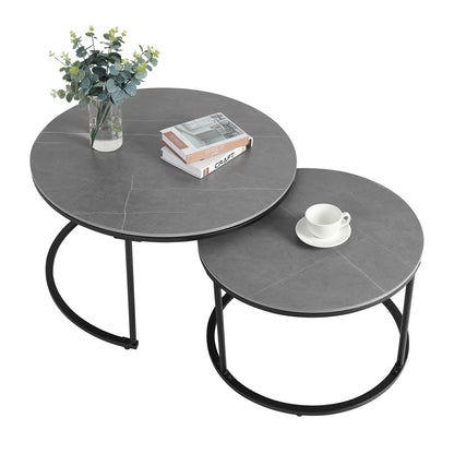 Salontafel - Tafel - Koffietafel - Dining Table - Set van 2 - Natuurlijke Marmeren Nesttafels in Donkergrijs met Metalen Poten - Rond - QUORE