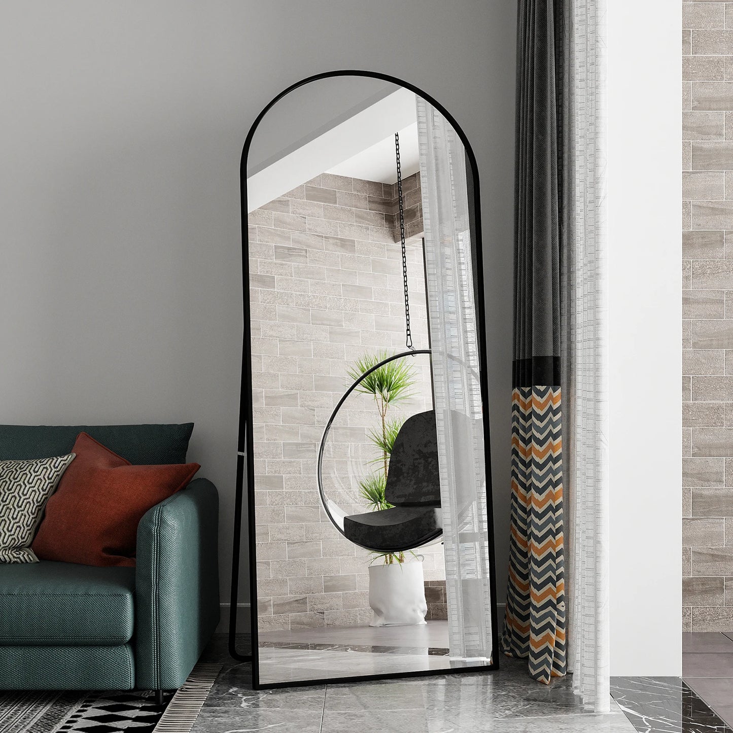 Boogvormige Spiegel – Staande Spiegel – Vloerspiegel – Wandspiegel – Full Body Spiegel – Zwart Metalen Frame – 180x80 cm Groot