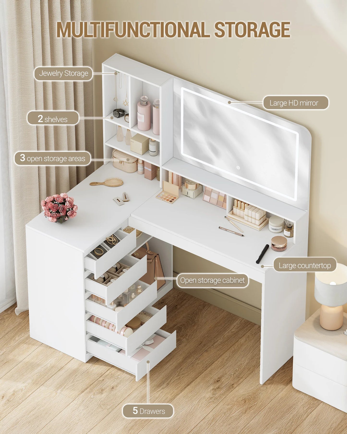 Make-up tafel – hoektoilet – kaptafel – beautytafel – make-up bureau – wit – verstelbare LED-verlichting – ruime opbergladen - QUORE