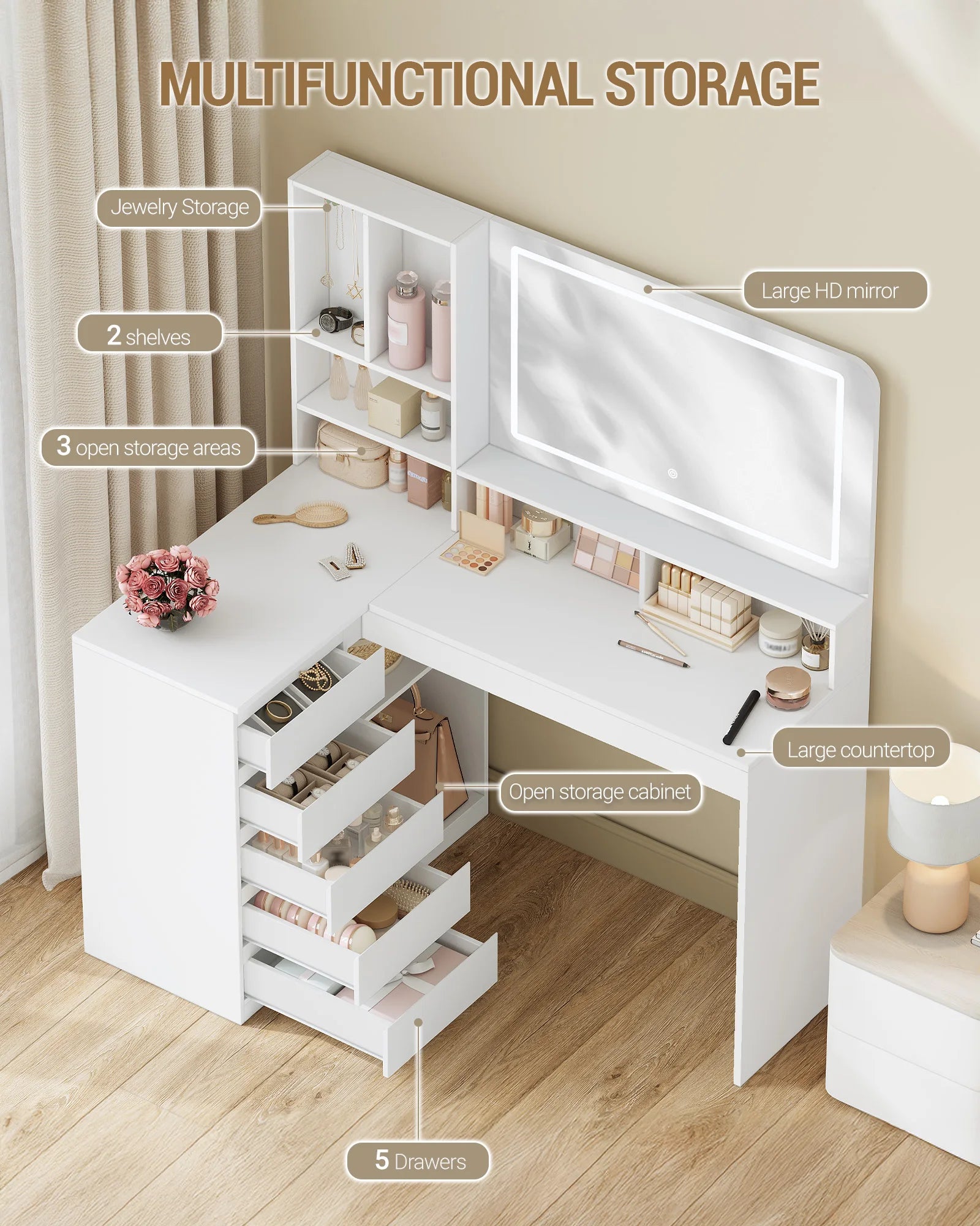 Make-up tafel – hoektoilet – kaptafel – beautytafel – make-up bureau – wit – verstelbare LED-verlichting – ruime opbergladen - QUORE