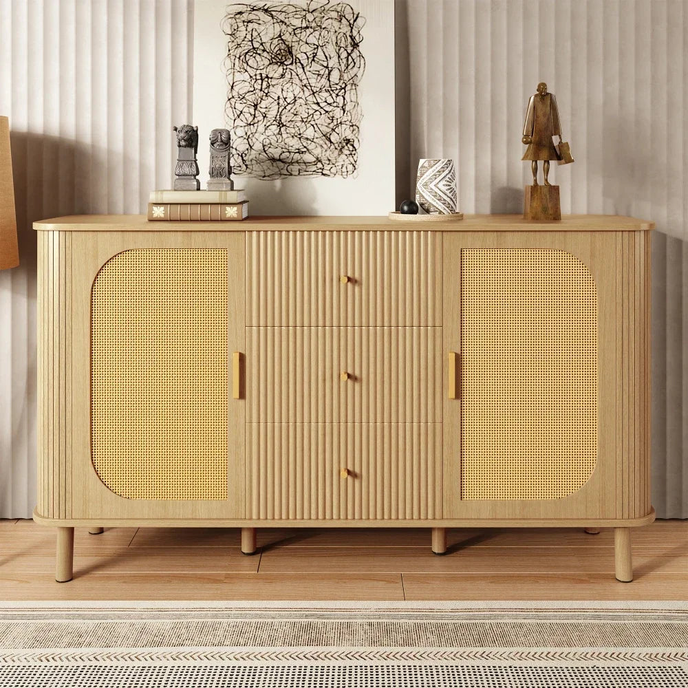 Dressoir – Tv Meubel – Kast – Opbergkast – Wandmeubel – Modern Design Met Rattan Deuren – Met Kabeldoorvoer En Robuuste Metalen Poten